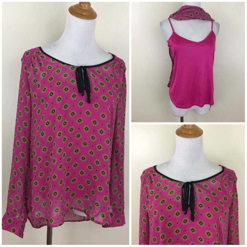 DANIEL RAINN Dark Pink Black Olive Print Tie Collar Cami Tank + Shirt